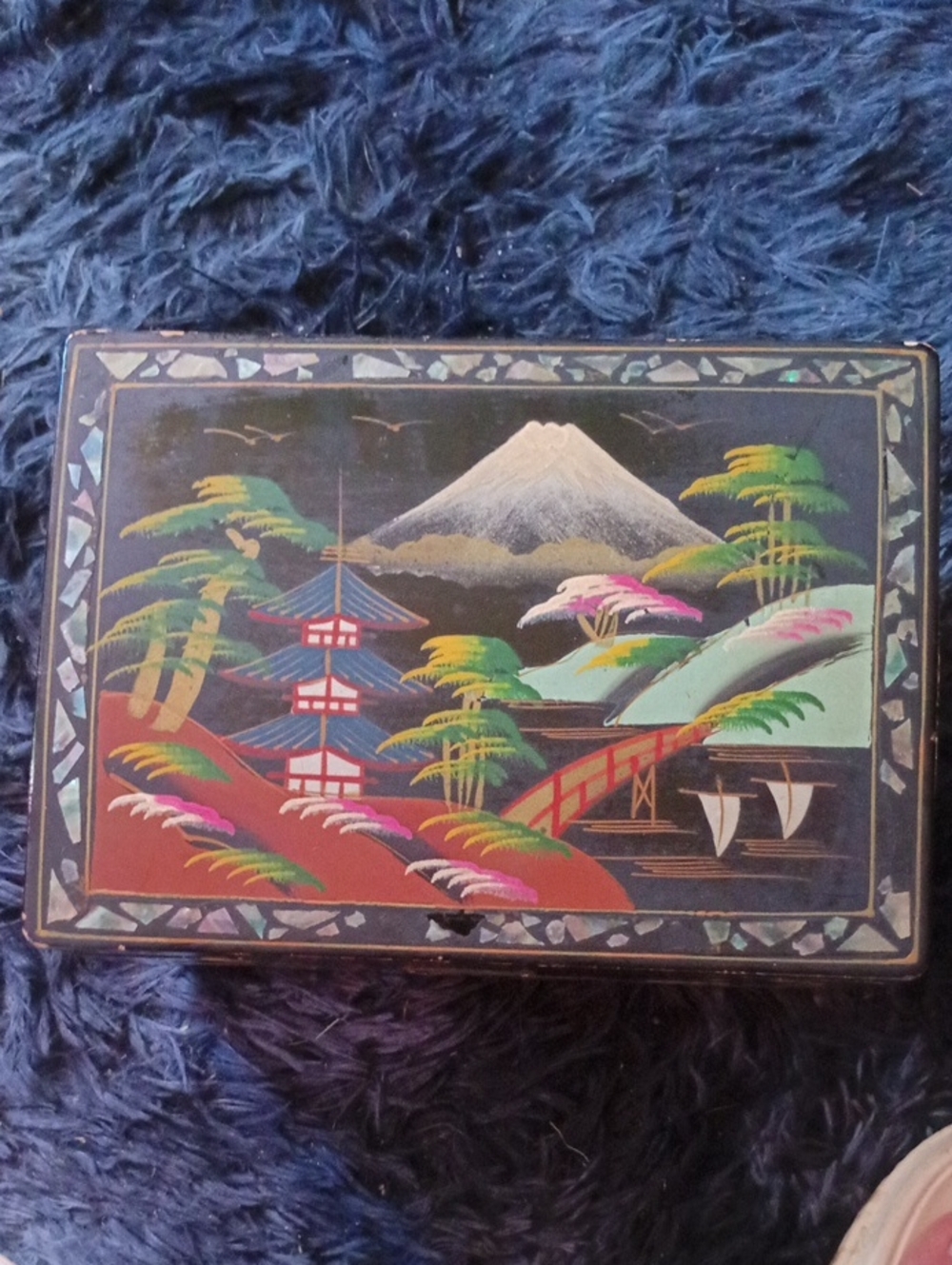 Vintage Jewelry Box Featuring Mount Fuji, a Pagoda and Other Japanese Artwork
